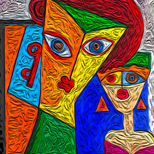 Cubist painting of a group of women talking.