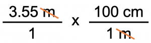 An equation that reads as follows: [(3.55 m) / 1] x [(100 cm) / (1 m)]. The "m" units are crossed out.