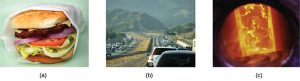 Three pictures are shown and labeled a, b, and c. Picture a is a cheeseburger. Picture b depicts a highway that is full of traffic. Picture c is a view into an industrial metal furnace. The view into the furnace shows a hot fire burning inside.