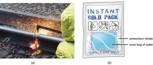 Two pictures are shown and labeled a and b. Picture a shows a metal railroad tie being cut with the flame of an acetylene torch. Picture b shows a chemical cold pack containing ammonium nitrate.