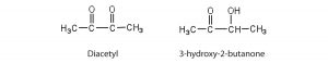 Lewis structures of diacetyl and 3-hydroxy-2-butanone are shown.