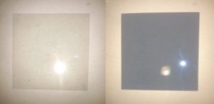 In the photo on the left, two Polaroid sheets are aligned in the same direction; plane-polarized light from the first Polaroid sheet can pass through the second sheet. In the photo on the right, the top Polaroid sheet has been rotated 90° and now blocks the plane-polarized light that comes through the first Polaroid sheet.