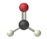 A ball and stick model of CH2O. The central C atom is black, the two outer hydrogen atoms are white, and the outer oxygen atom is red. The lewis structure of CH2O is shown. The central carbon is connected to two hydrogen atoms by two single bonds, one single bond to each hydrogen. The central carbon is connected to an oxygen atom by a double bond. The outer atoms (two H and one O) are separated by angles of 120 degrees. The overall shape is planar triangle.