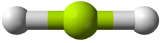 A ball and stick model of the BeCl2 molecule. Be is green. Cl is white. The Be-Cl bonds are arranged 180 degrees apart.