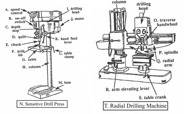 Line drawings of sensitive drill press and radial drill press with parts labeled
