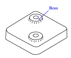 Black line drawing of a square part with two bosses on top