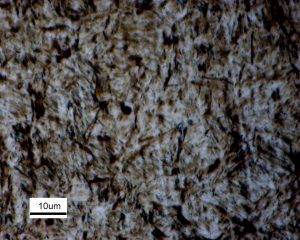 Martensite in optical microscope. AISI 4140 steel austenitized at 850 degrees Celsius and then oil-quenched to room temperature.