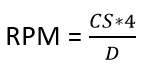 RPM equals CS times 4 divided by diameter