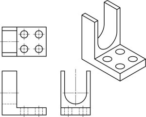 Isometric part with curved surfaces and the 3 orthographic views.