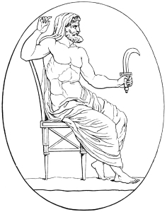 Wood cut black line image of a Greek god sitting in profile holding a scythe.